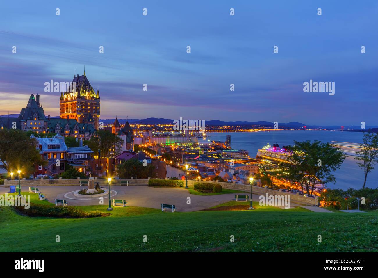 Sunset view of the old town and the Saint Lawrence River from the ...