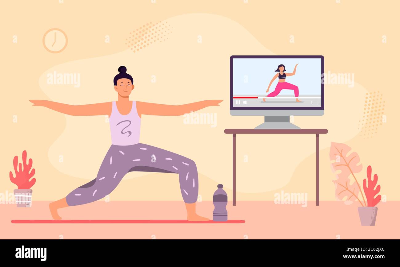 Online yoga class. Woman meditation and do fitness Stock Vector