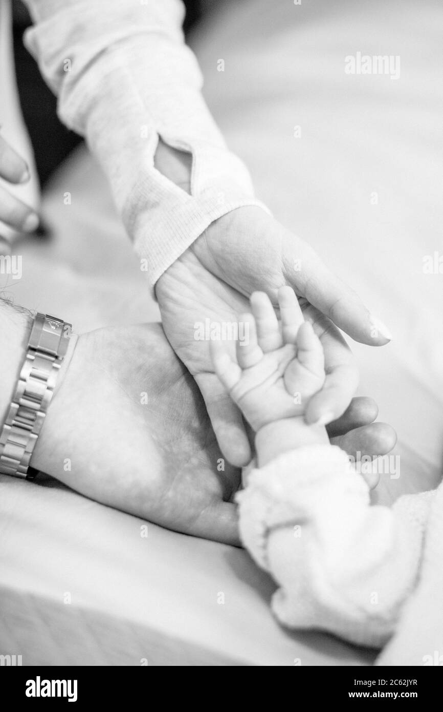 Hands of mom and dad holding baby hand. Mother and father's hand holding baby's tiny hand Stock Photo