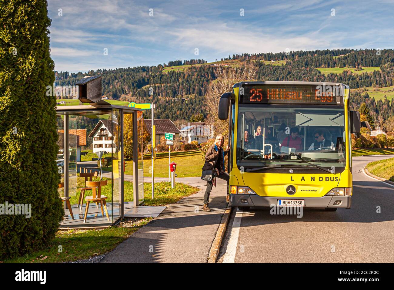 BUS: STOP Zwing, designed by Smiljan Radic, Chile. Krumbach bus shelters designed by architects from all around the world, drawing attention to everyday mobility service. Bregenzerwald Austria. BUS:STOP Krumbach, Vorarlberg, Austria Stock Photo
