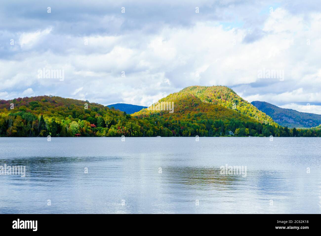 View of Superior Lake, and fall foliage colors in the Laurentian Mountains, Quebec, Canada Stock Photo