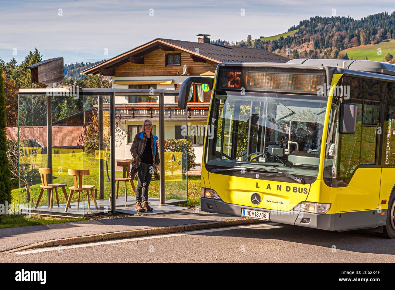 BUS: STOP Zwing, designed by Smiljan Radic, Chile. Krumbach bus shelters designed by architects from all around the world, drawing attention to everyday mobility service. Bregenzerwald Austria Stock Photo