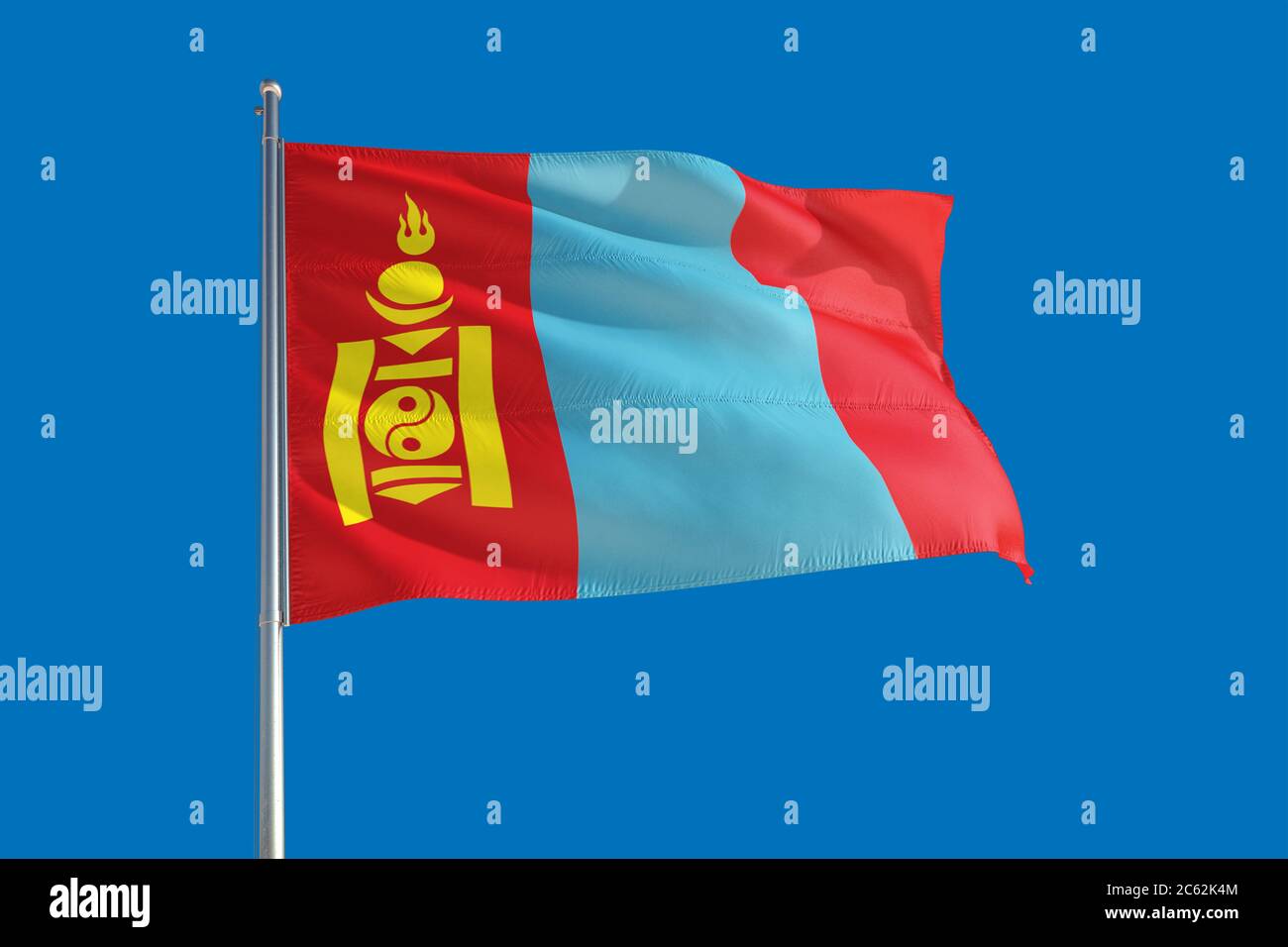 Mongolia national flag waving in the wind on a deep blue sky. High ...