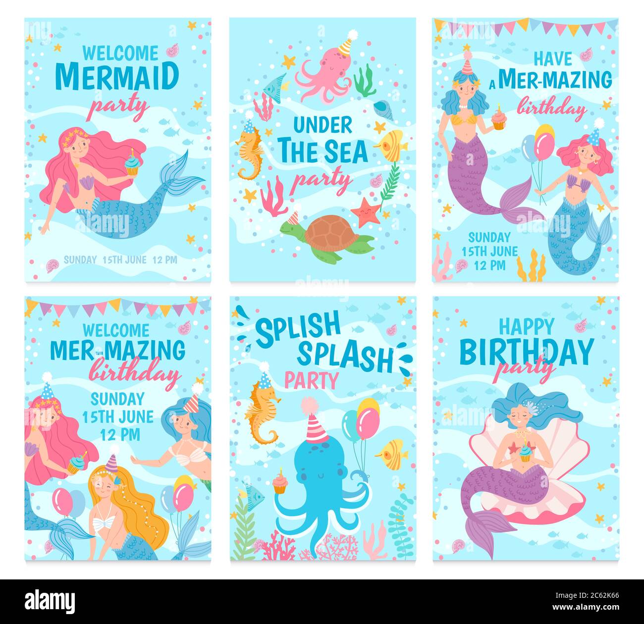 Mermaid Cards Mythical Cute Princesses And Sea Creatures Underwater World Postcard For Birthday Invitations Greeting Cards Vector Set Stock Vector Image Art Alamy