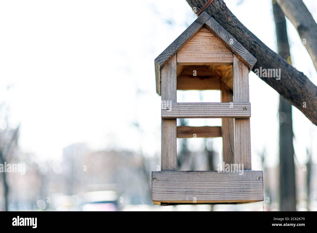 Empty wooden little birdhouse hanging on the tree branch at sunny spring day. Close-up, background, copy space Stock Photo
