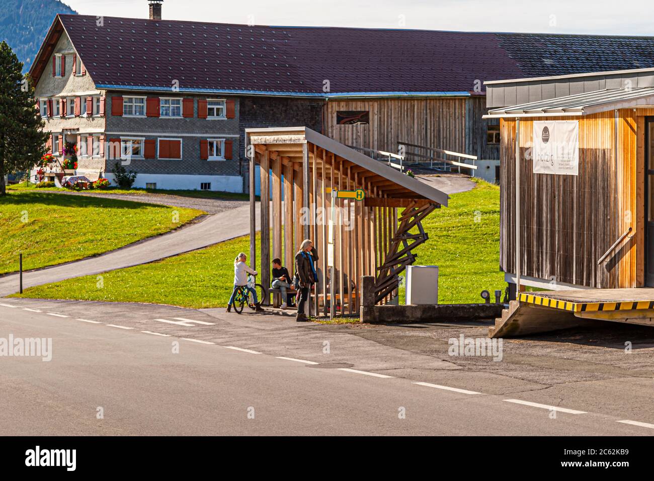 BUS: STOP Glatzegg, designed by Amateur Architecture Studio, China. Krumbach bus shelters designed by architects from all around the world, drawing attention to everyday mobility service. Bregenzerwald Austria Stock Photo