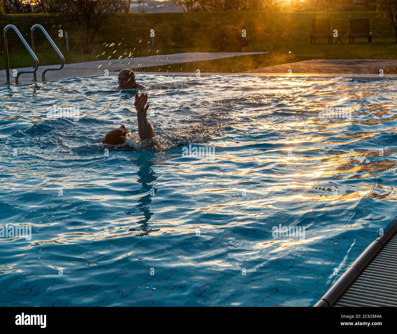 Outdoor facility with swimming pool of the Hotel Das Schiff in Hittisau, Austria Stock Photo