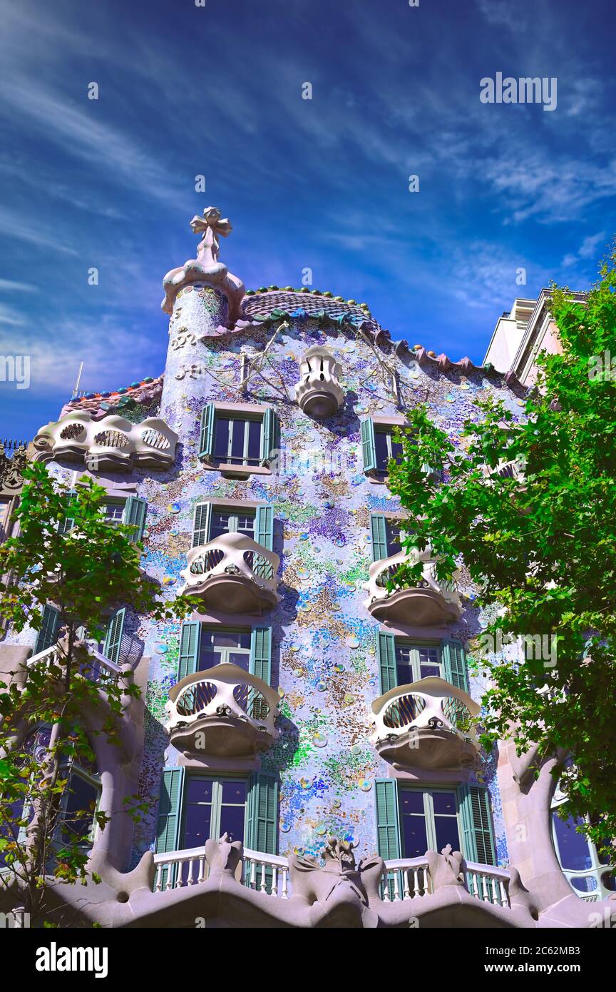 June 16, 2019 - Barcelona, Spain - Casa Batllo, designed by Antoni Gaudi in 1904, located in the center of Barcelona, Spain. Stock Photo