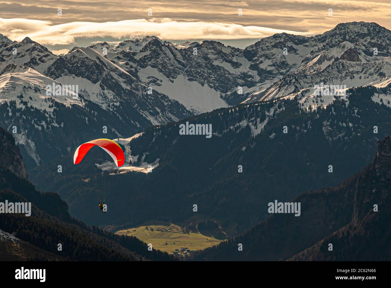 Hang glider in the mountains near Bezau, Austria Stock Photo