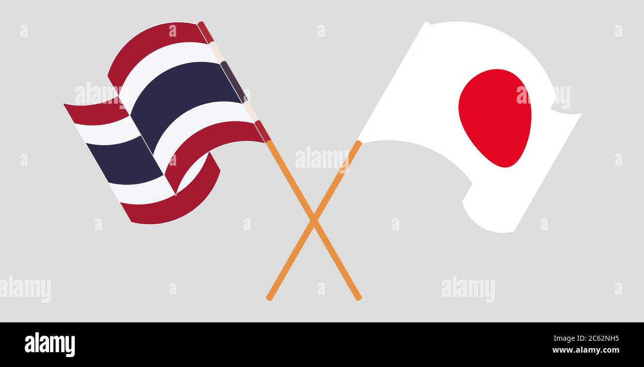 Crossed and waving flags of Thailand and Japan. Vector illustration Stock Vector