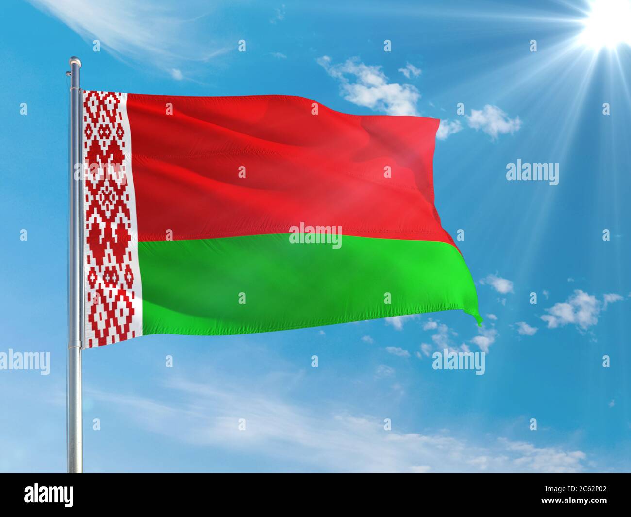 Belarus national flag waving in the wind against deep blue sky. High ...