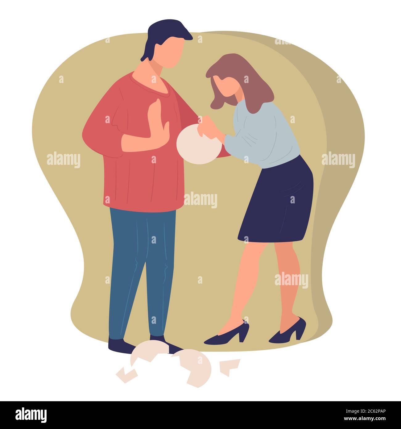 Quarreling couple, wife and husband breaking dishes vector Stock Vector