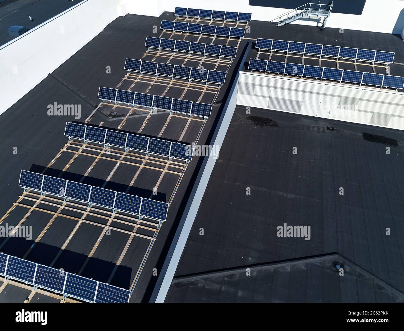 Aerial view of solar panels on the roof of the apartment building Stock ...
