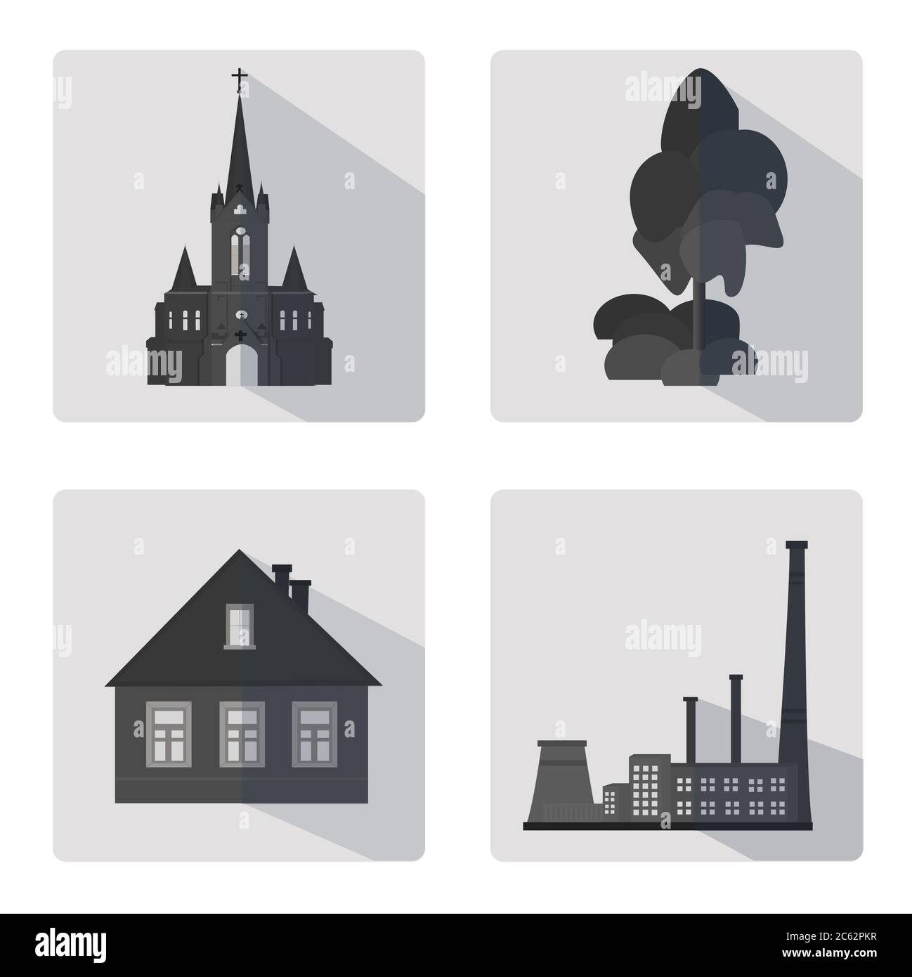 Set of flat icons. Cityscape in black and white Stock Vector
