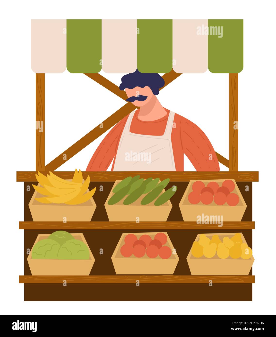 Man selling vegetable at farm market, veggies bazar Stock Vector