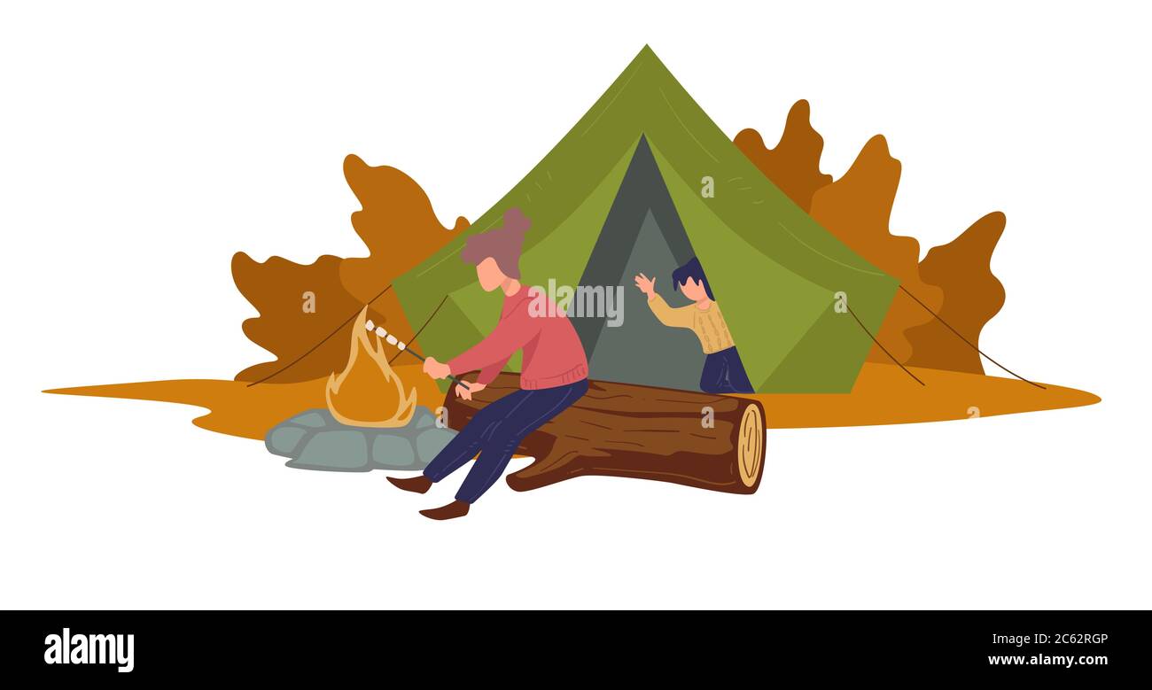 Camping people by bonfire, character in tent and leaves Stock Vector