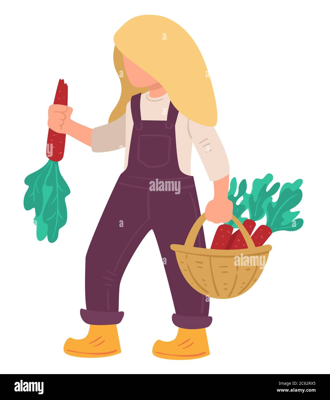 Farming character with ripe carrots in woven basket Stock Vector