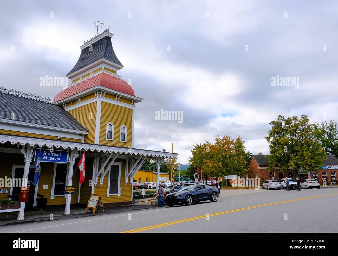 Classic US styled railroad station showing the timber built design in this popular tourist destination. Stock Photo
