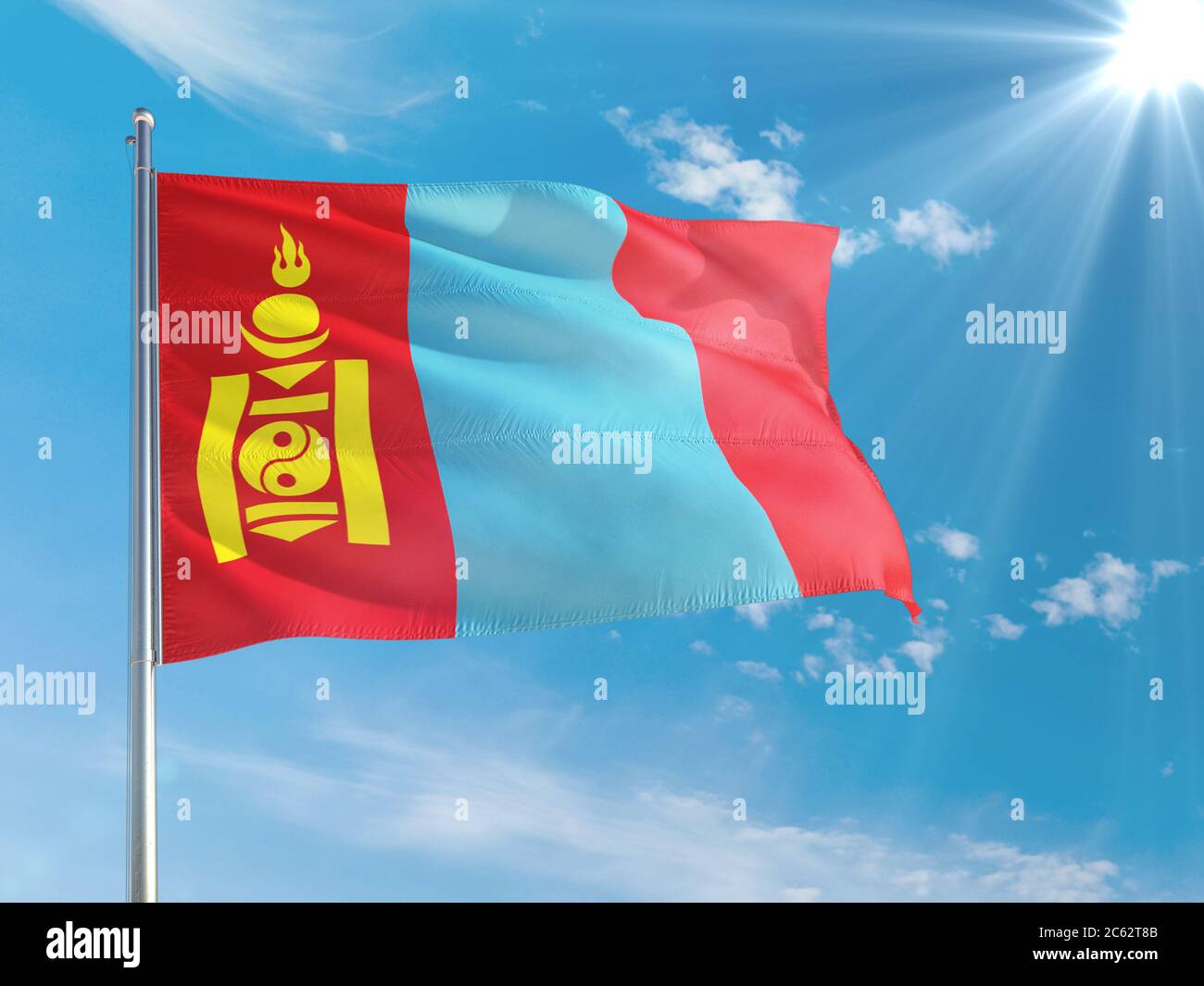Mongolia national flag waving in the wind against deep blue sky. High ...