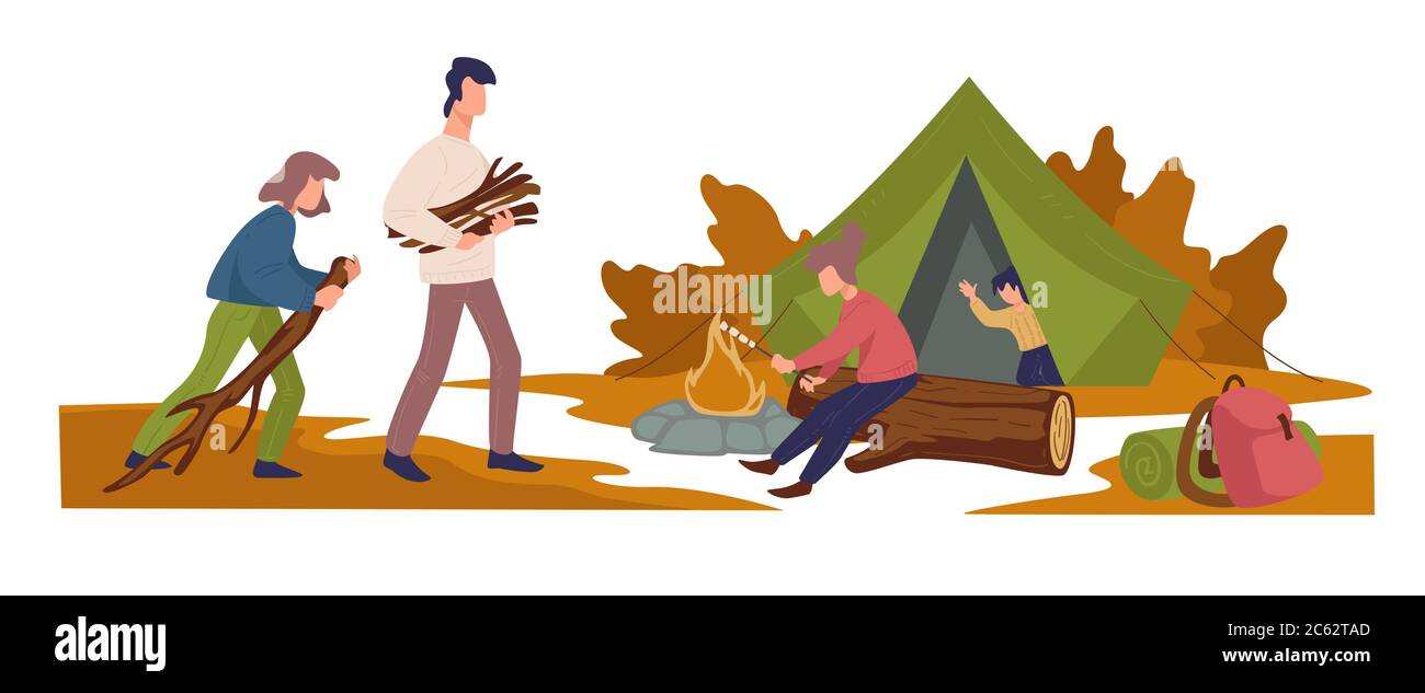 Camping family burning logs, active leisure vacations outdoors Stock Vector
