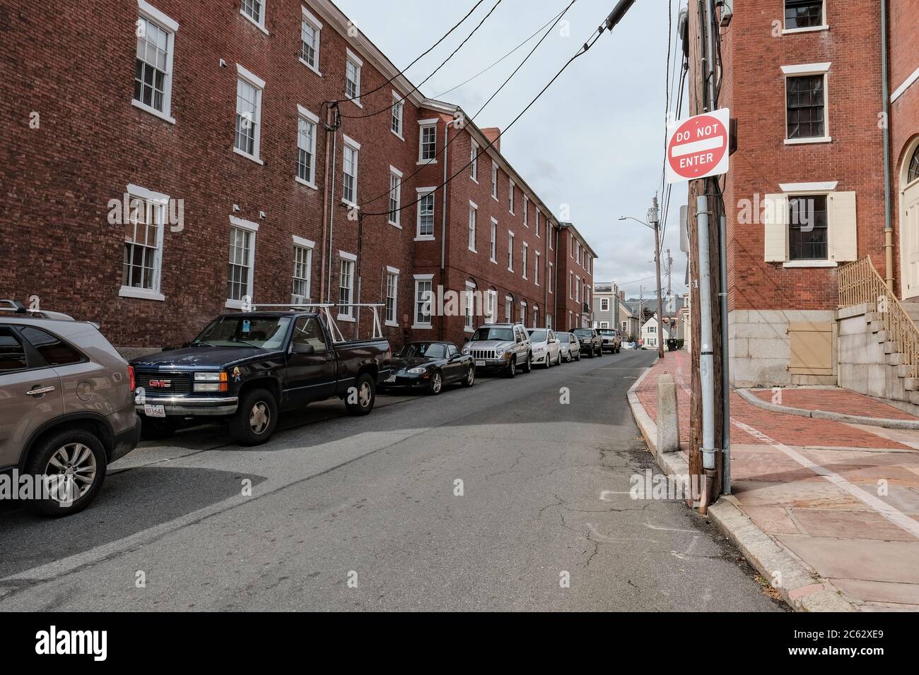 Side street seen in the famous town of Salem, MA, showing the busy one