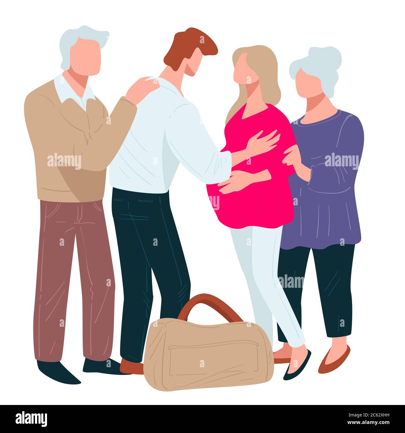 People ready for travel, man saying goodbye to pregnant wife Stock Vector