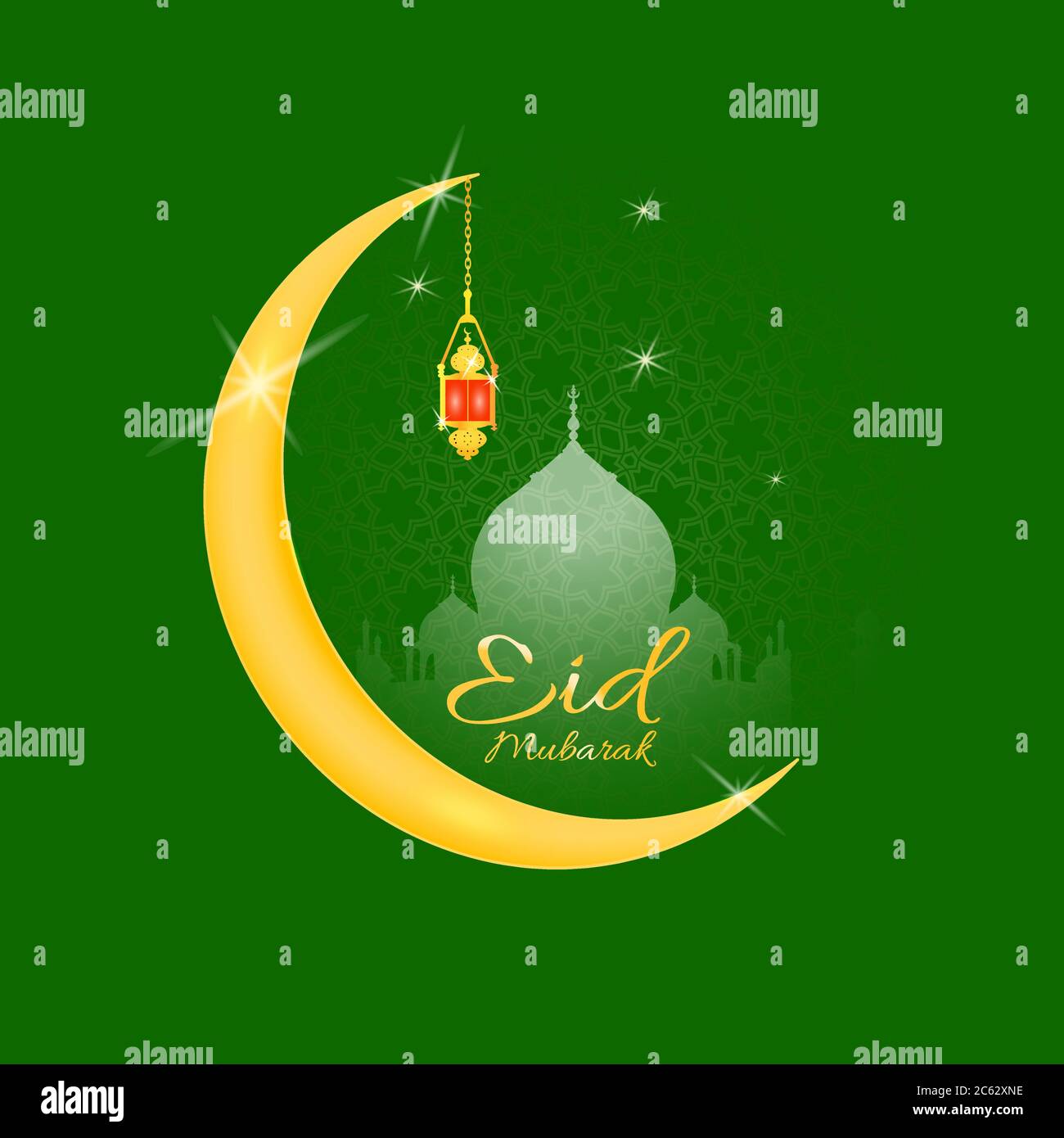 Eid Mubarak as text calligraphy and moon, quran and lantern a festival