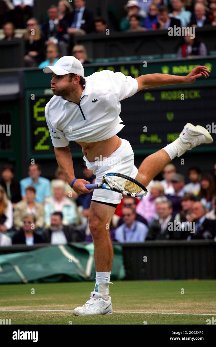 Andy Roddick in action against Paul-Henri Mathieu during their fourth round match at Wimbledon in 2007. Stock Photo