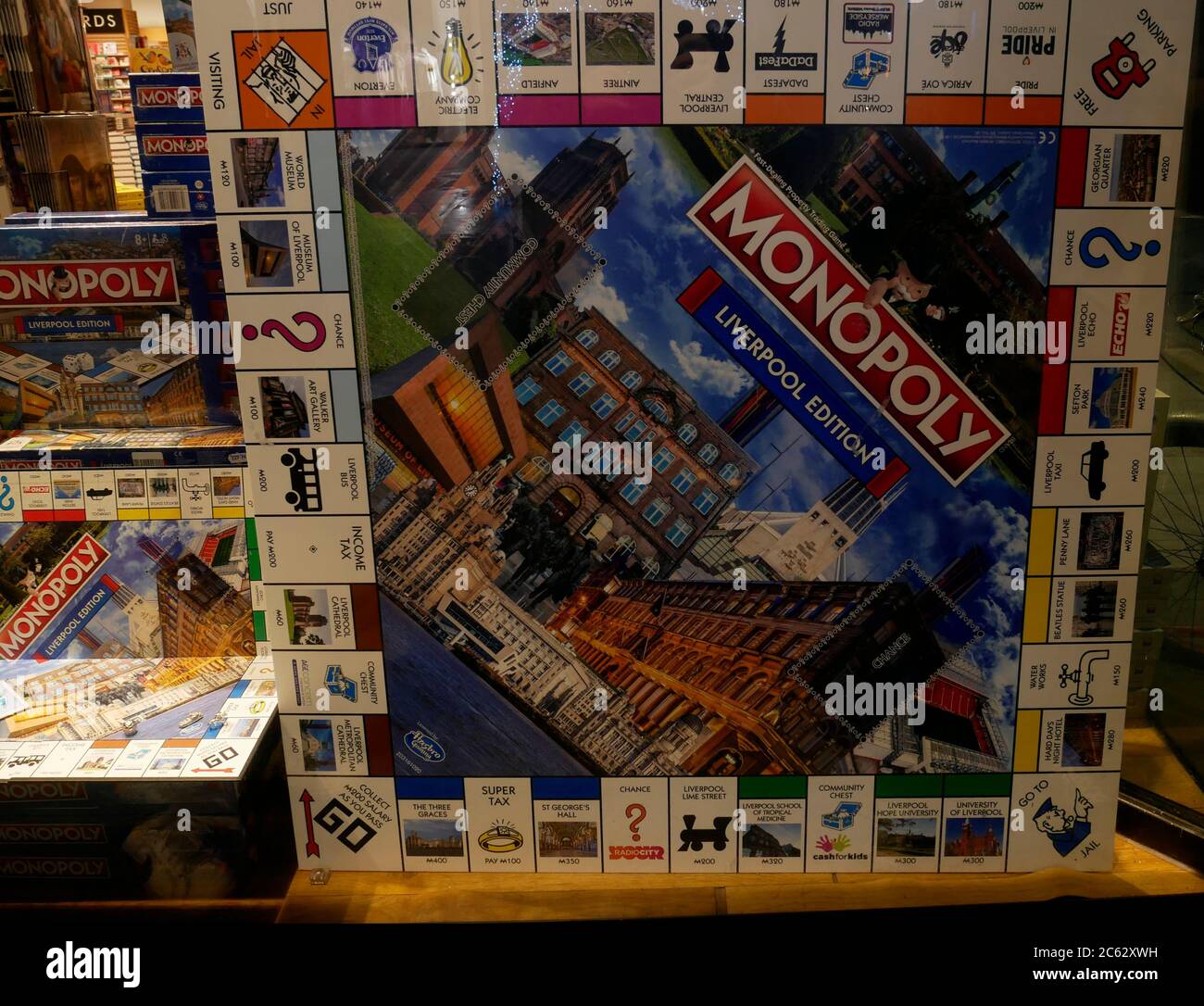 Monopoly game with Liverpool locations. Liverpool landmarks, The Beatles, Mathew Street, LFC, EFC, Liverpool edition Stock Photo