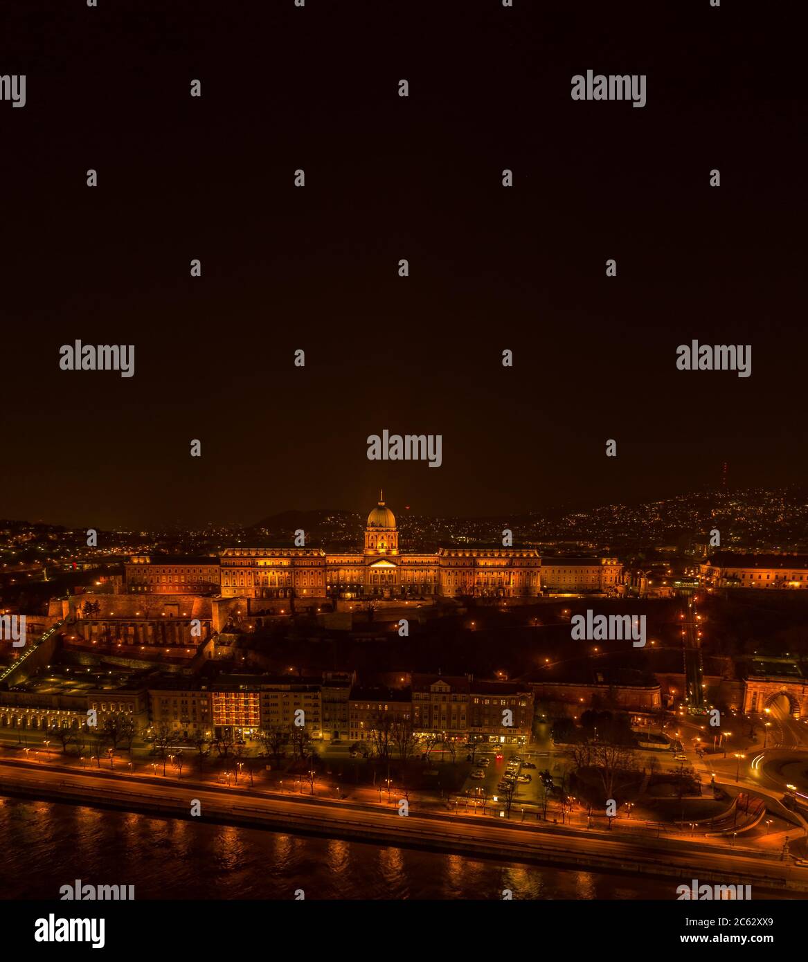 Aerial drone shot of Buda castle on Buda Hill in Budapest night with ...