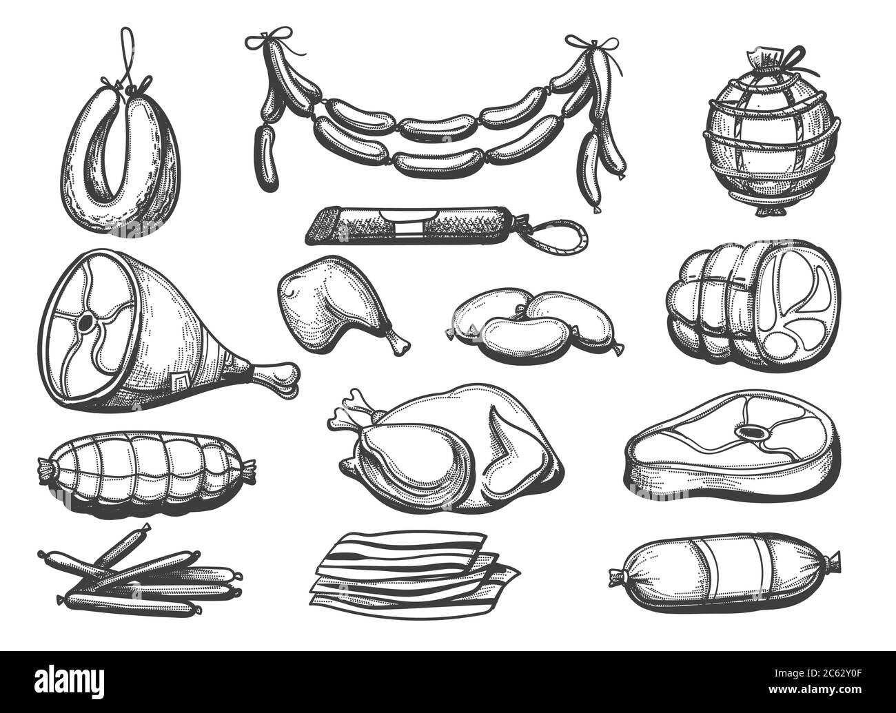 Hand Drawn meat pork and beef products isolated on white background. Vector illustration Stock Vector