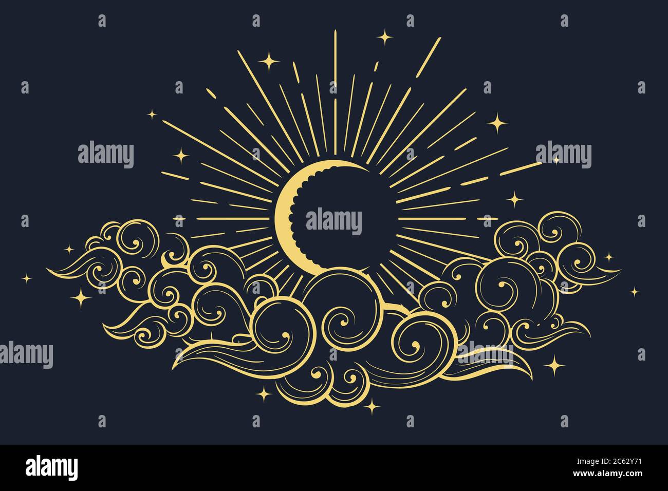 Hand drawn Moon in the cloudy sky. Decorative graphic design in oriental style. Vector  illustration Stock Vector