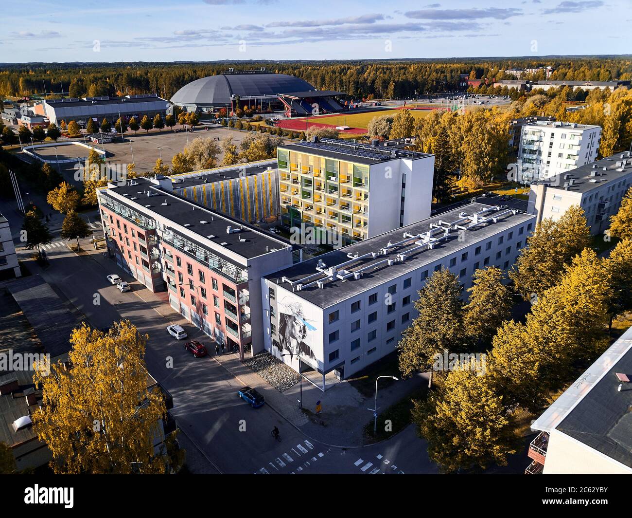 Aerial view of modern students apartment buildings in Joensuu, Finland
