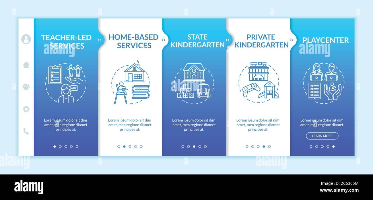 Children preschool center types onboarding vector template Stock Vector
