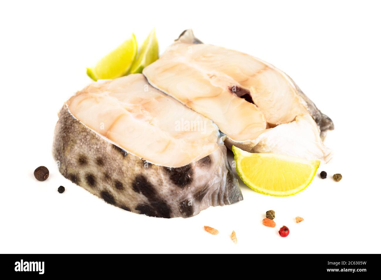 Raw catfish steak meat lime salt amd pepper studio isolated on white background Stock Photo Alamy