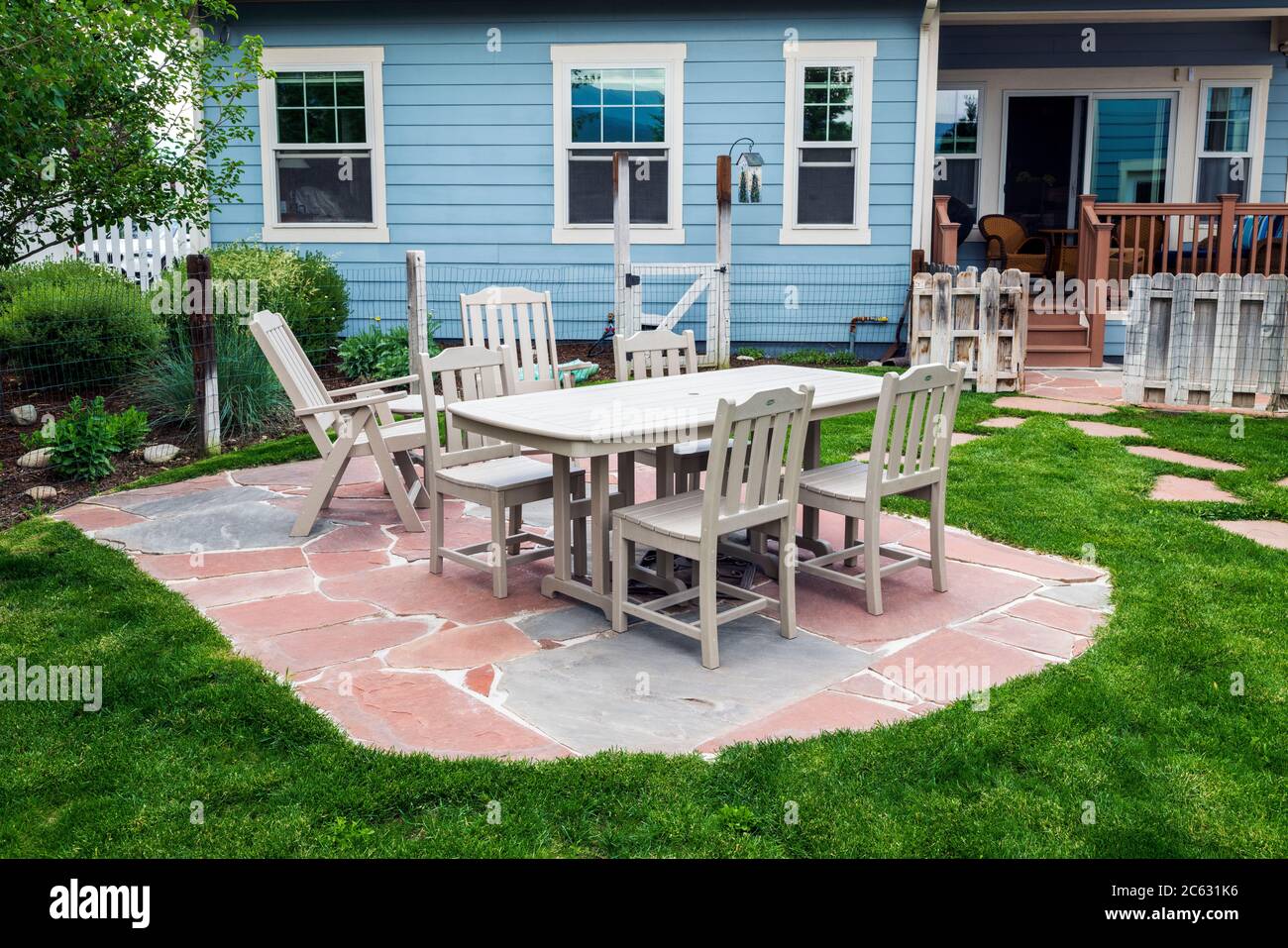 Slate paver patio; residential property; Salida; Colorado; USA Stock Photo