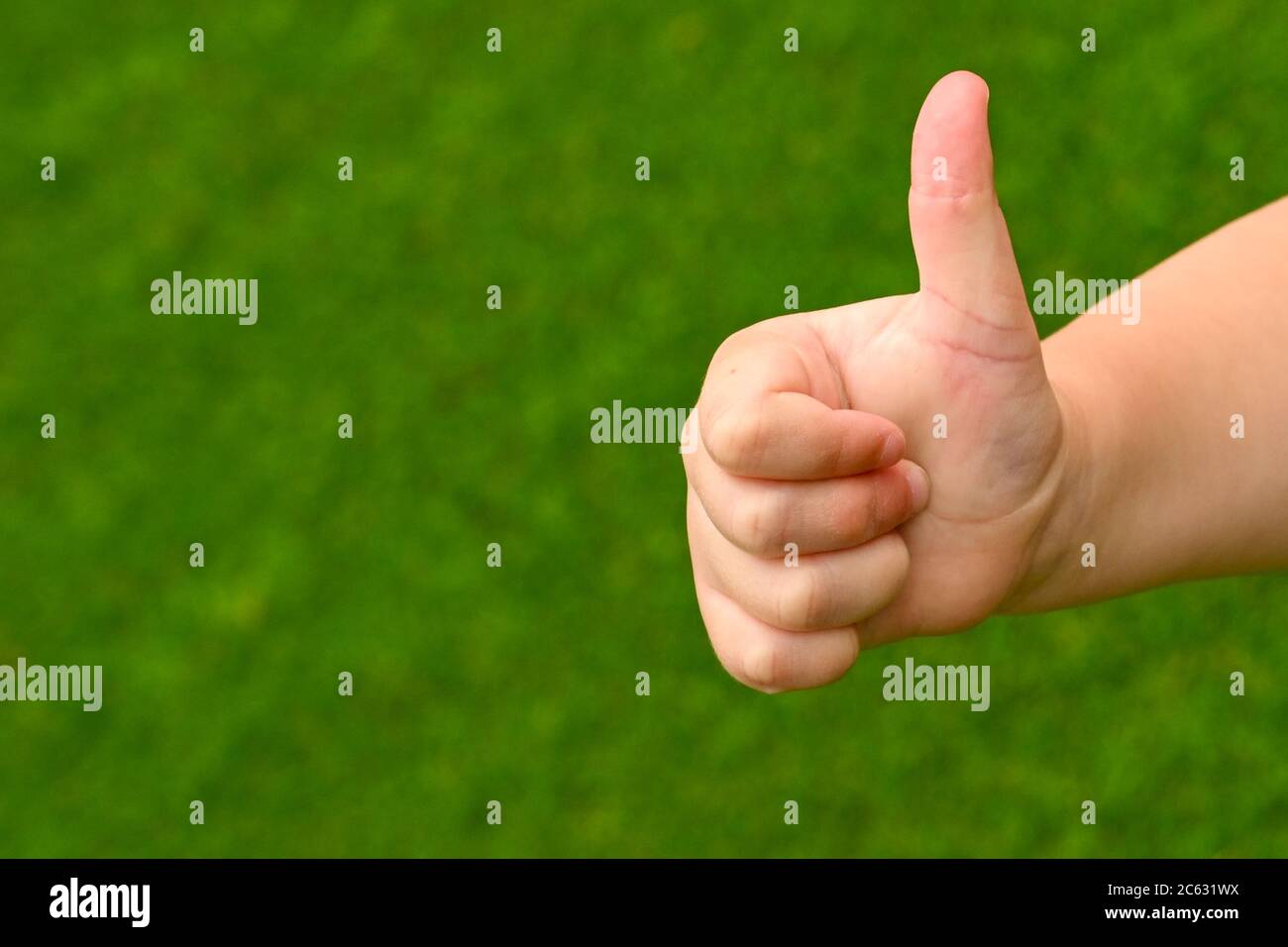 Thumbs up sign from a young person against a plain green background. Copy space. Stock Photo