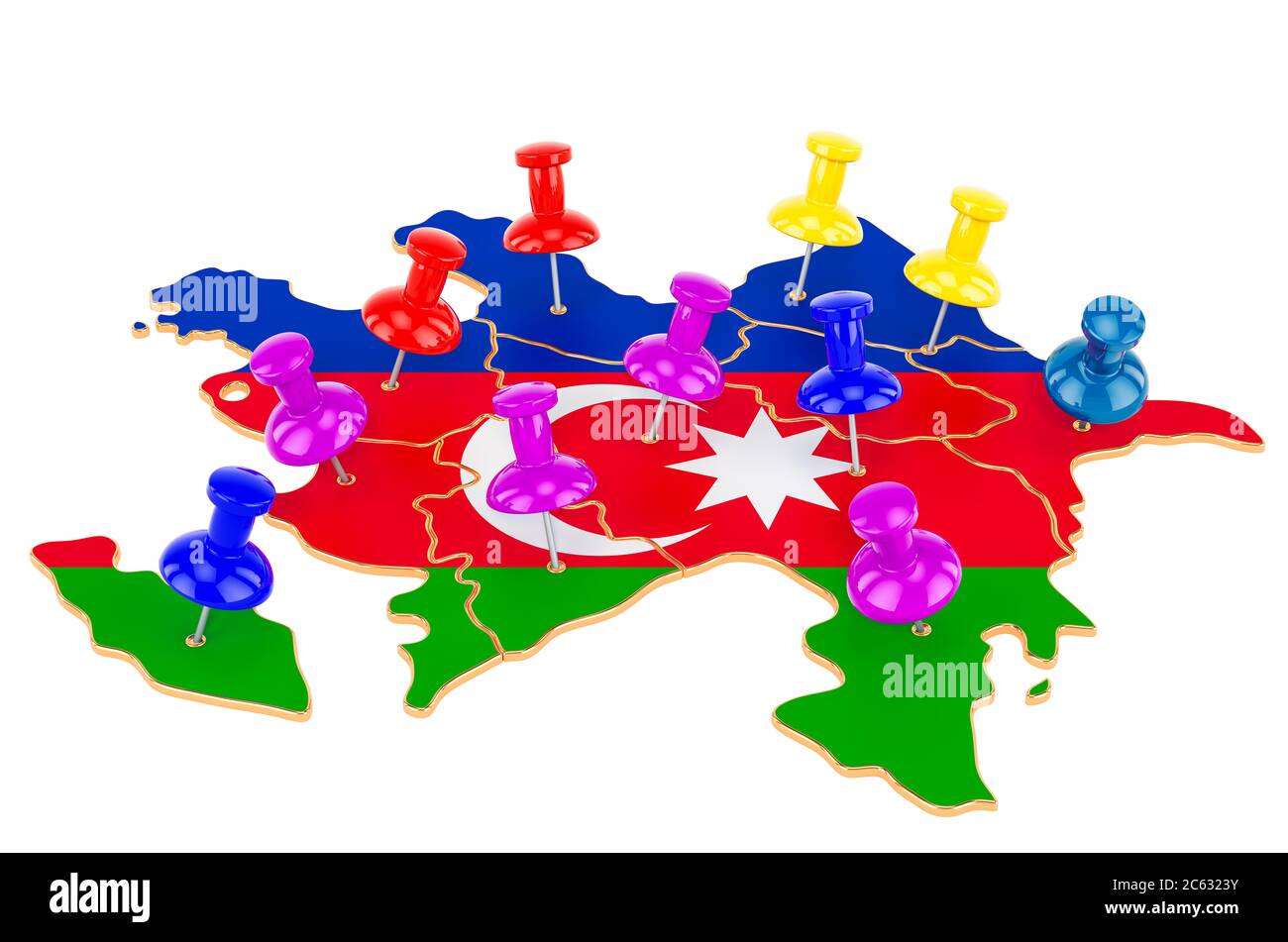 Map of Azerbaijan with colored push pins, 3D rendering isolated on white background Stock Photo