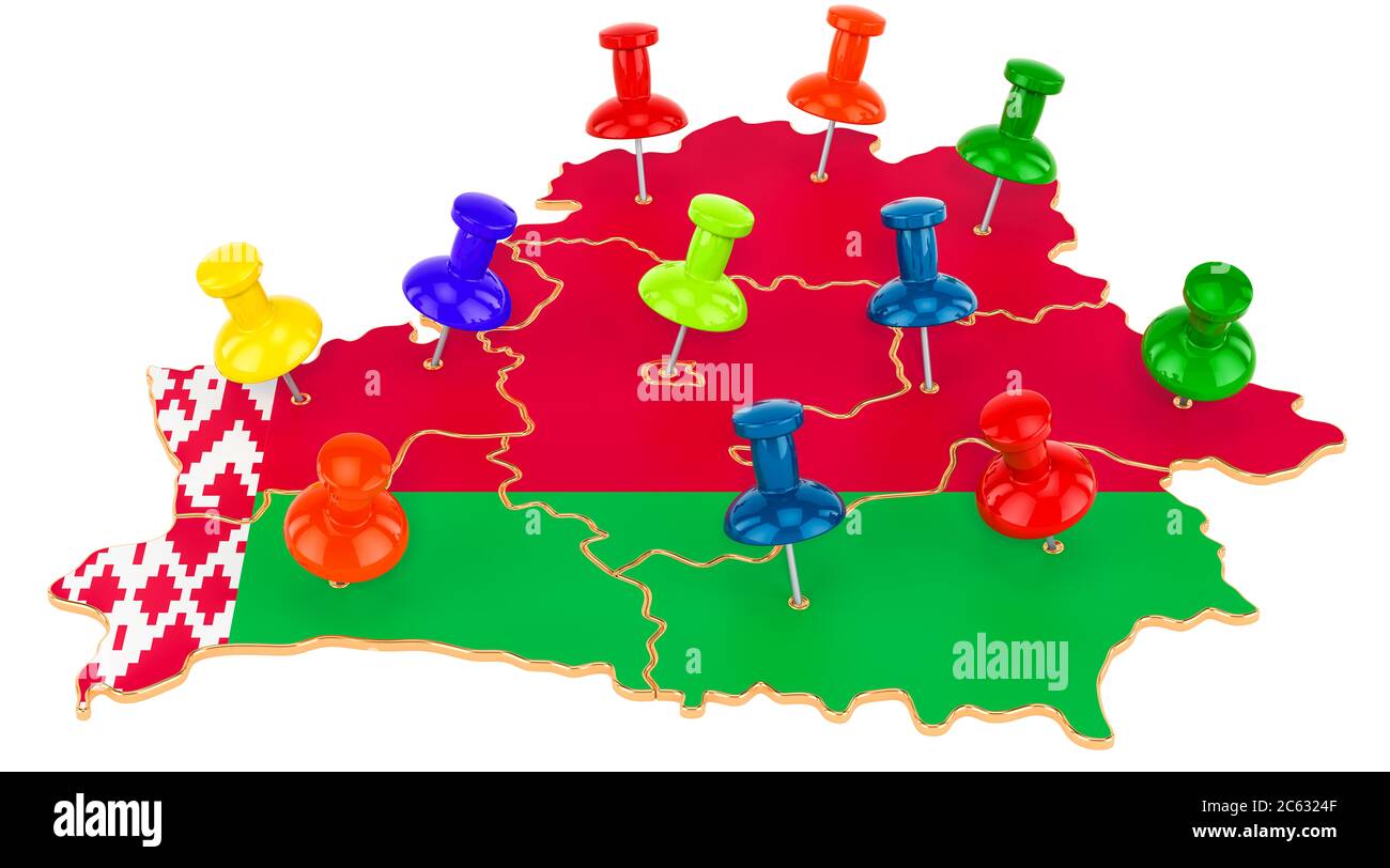 Map of Belarus with colored push pins, 3D rendering isolated on white background Stock Photo