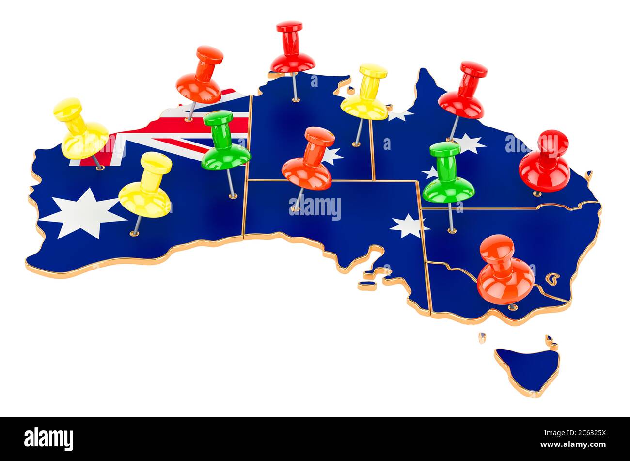 Map of Australia with colored push pins, 3D rendering isolated on white background Stock Photo