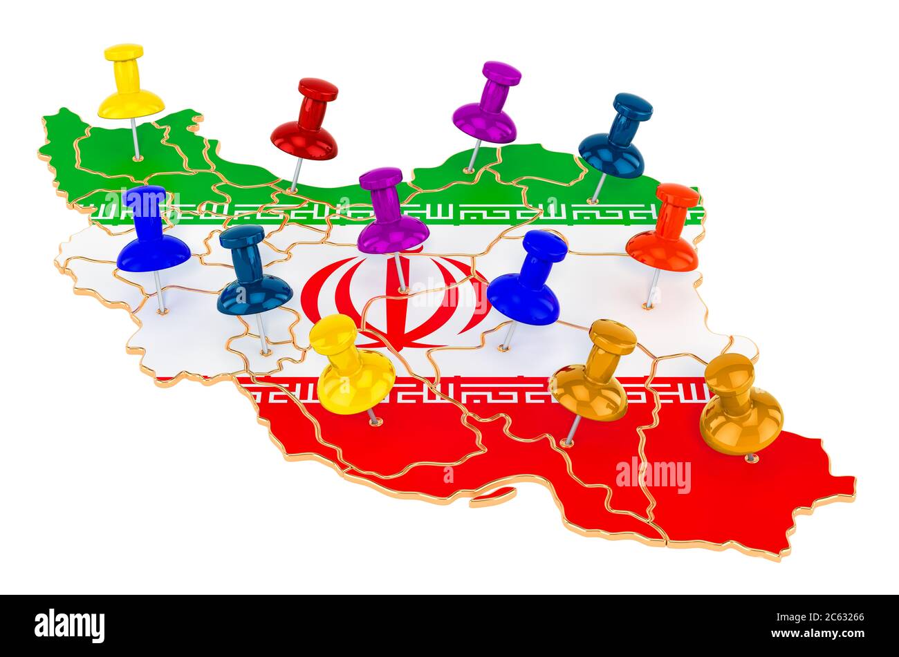 Map of Iran with colored push pins, 3D rendering isolated on white background Stock Photo