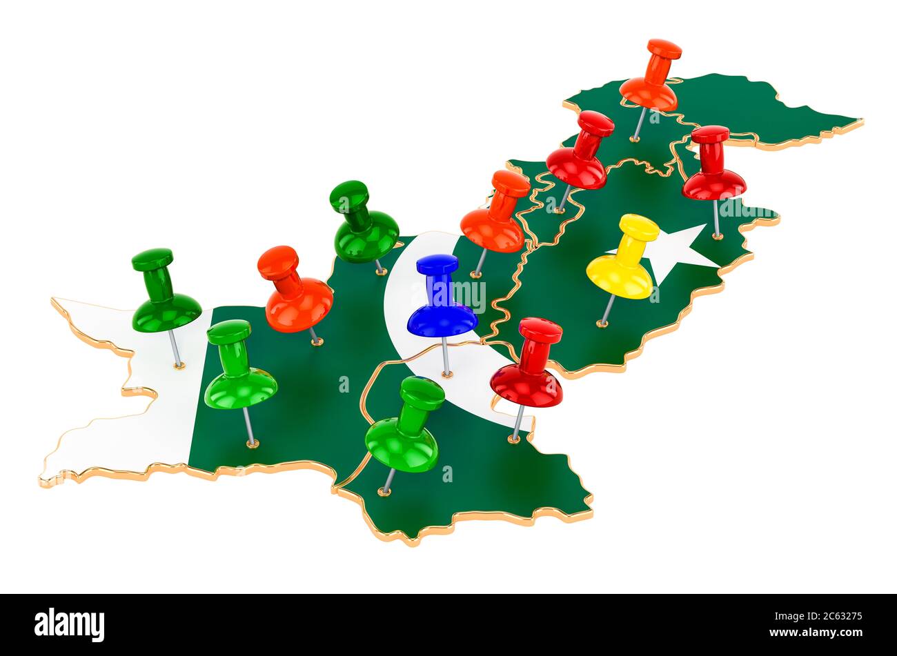Map of Pakistan with colored push pins, 3D rendering isolated on white background Stock Photo