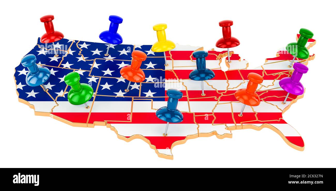 Map of the United States with colored push pins, 3D rendering isolated on white background Stock Photo