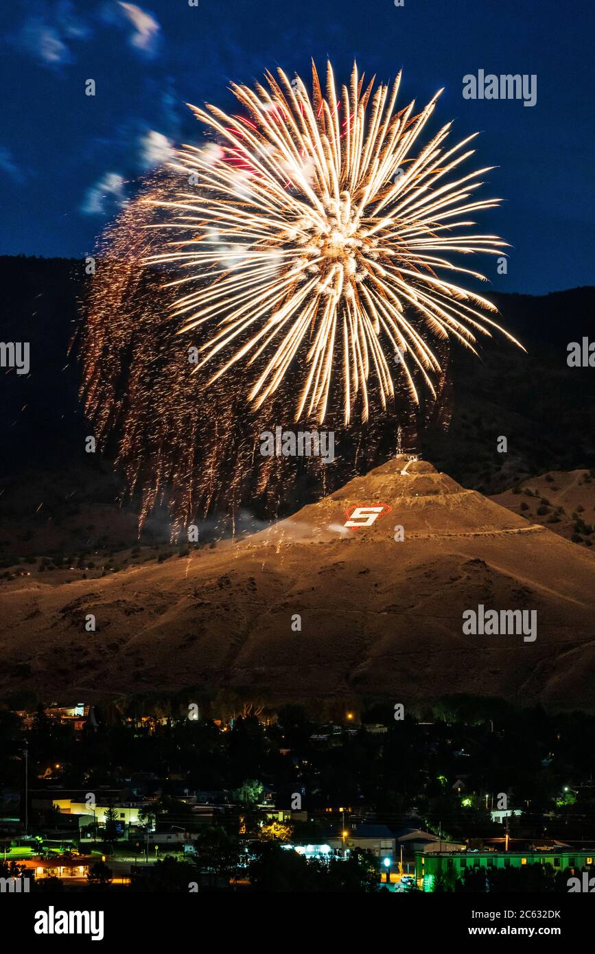 Fourth of July fireworks over "S" Mountain; Salida; Colorado; USA Stock