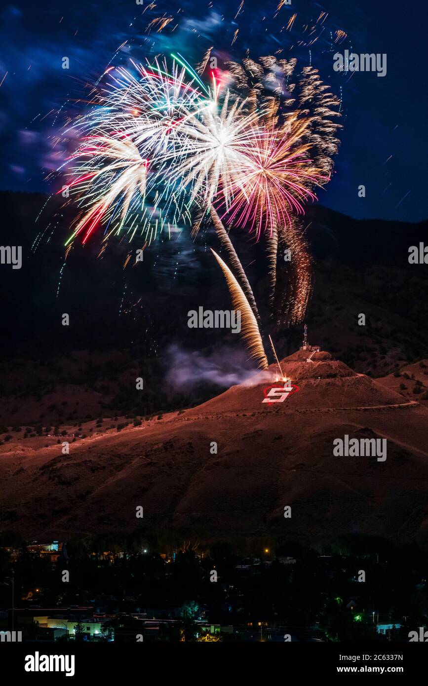 Fourth of July fireworks over "S" Mountain; Salida; Colorado; USA Stock Photo