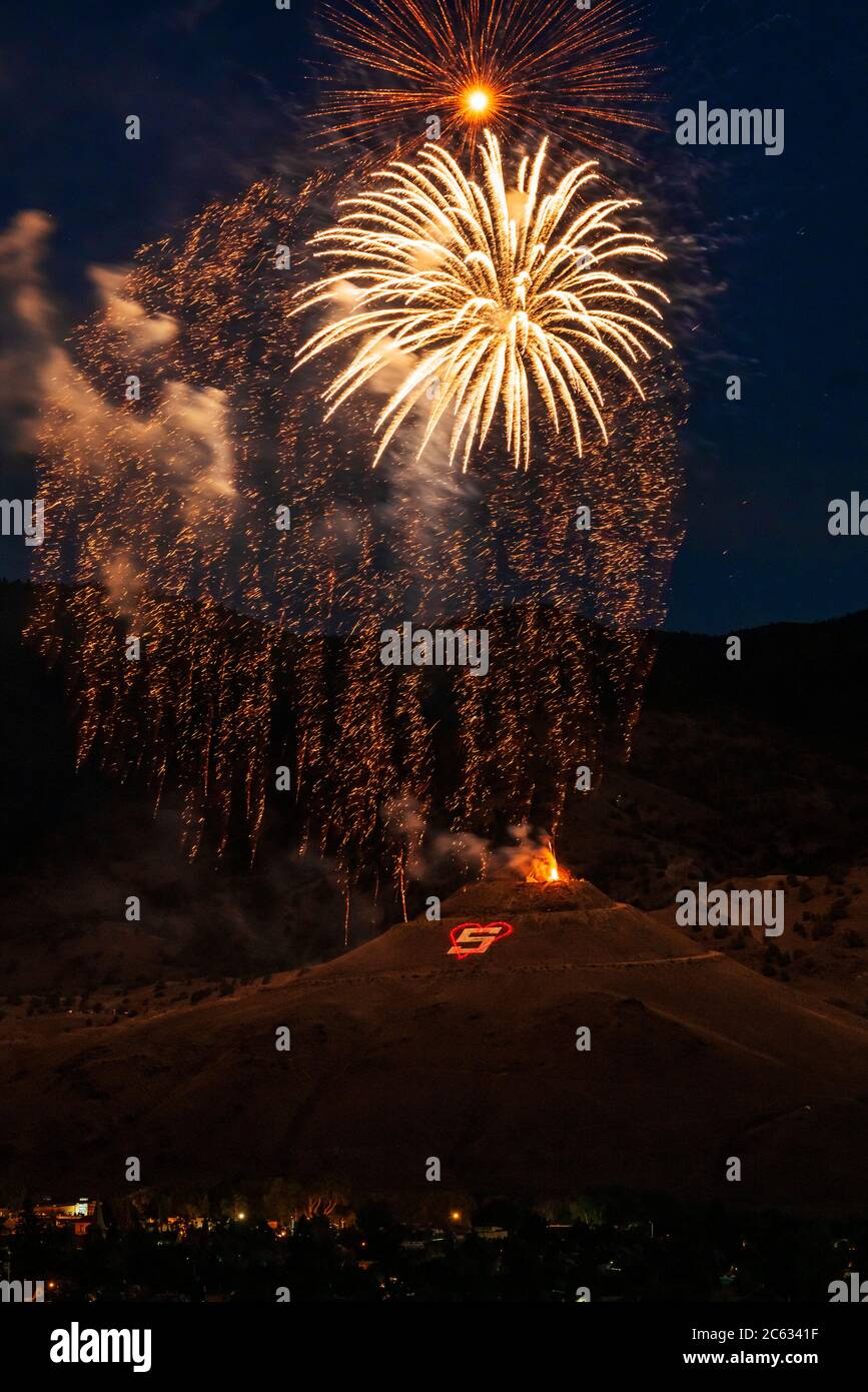 Fourth of July fireworks over "S" Mountain; Salida; Colorado; USA Stock