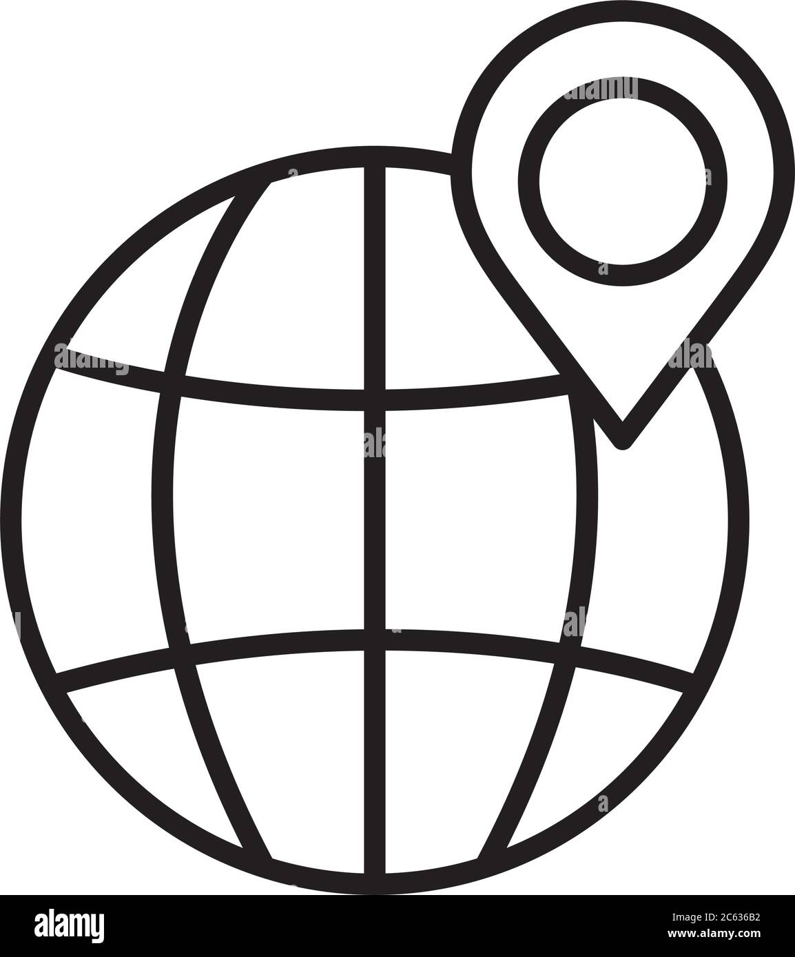 global sphere with location pin icon over white background, line style ...