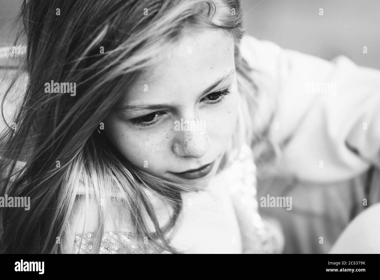 black and white portrait of a beautiful young girl with freckles Stock ...