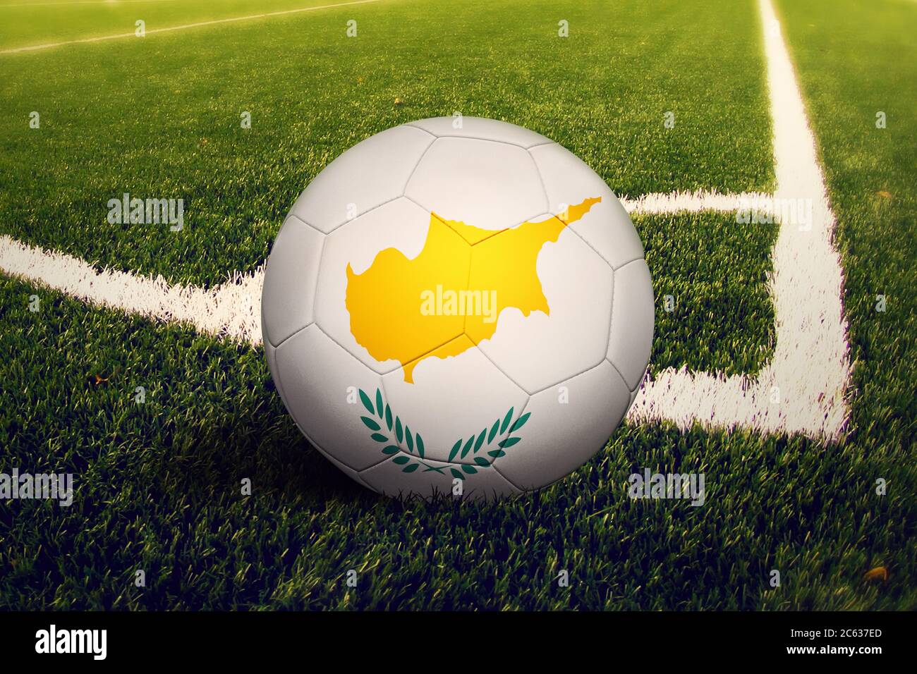 Cyprus flag on ball at corner kick position, soccer field background. National football theme on