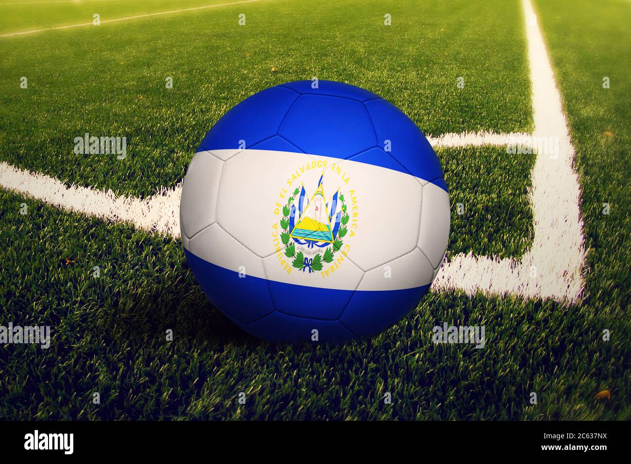 El Salvador flag on ball at corner kick position, soccer field